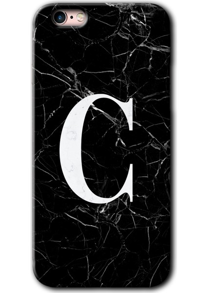 iPhone 6s Plus Kılıf Hd Desen Baskılı Arka Kapak + Kırılmaz Cam - Siyah Mermer Desenli C Harfi