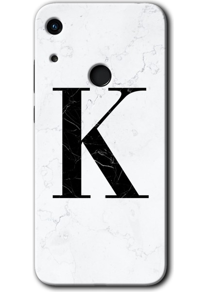 Huawei Y6S Kılıf Hd Desen Baskılı Arka Kapak + Kırılmaz Cam - Beyaz Mermer Desenli K Harfi