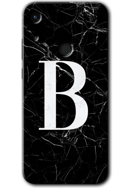 Huawei Y6S 2019 Kılıf Hd Desen Baskılı Arka Kapak + Esnek Nano Cam - Siyah Mermer Desenli B Harfi