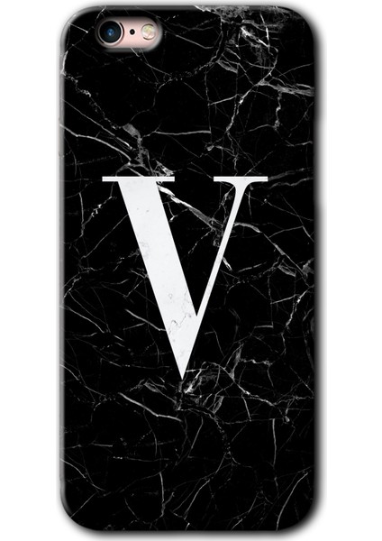 Apple iPhone 6s Plus Kılıf Hd Desen Baskılı Arka Kapak + Kırılmaz Cam - Siyah Mermer Desenli V Harfi