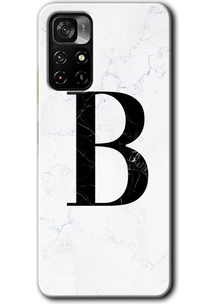 Redmi Note 11T Kılıf Hd Desen Baskılı Arka Kapak + Kırılmaz Cam - Beyaz Mermer Desenli B Harfi