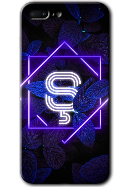 Apple iPhone 8 Plus Kılıf Hd Desen Baskılı Arka Kapak - Dark Neon Yaprak Ş Harfi