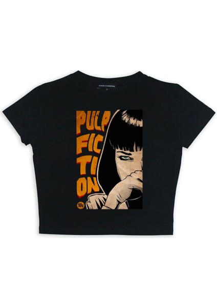 Pulp Fiction Baskılı Siyah Crop