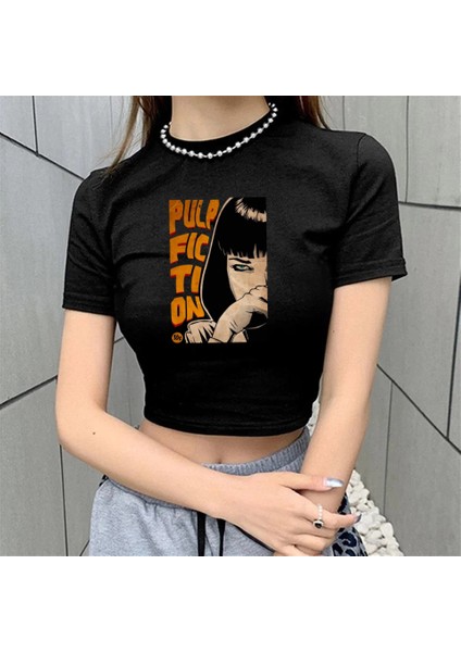 Pulp Fiction Baskılı Siyah Crop fiyatları