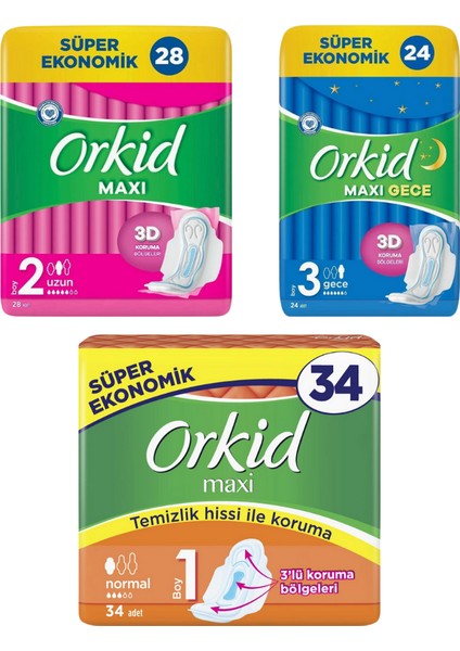 Maxi Uzun 28 Adet + Orkid Maxi Gece 24 Adet + Orkid Maxi Normal 34 Adet