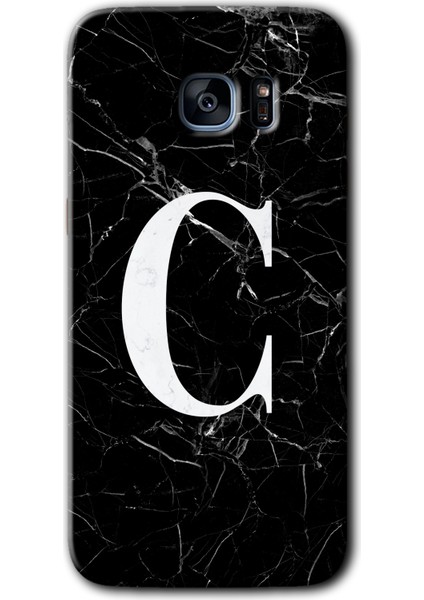 Galaxy S7 Edge Kılıf Hd Desen Baskılı Arka Kapak + Kırılmaz Cam - Siyah Mermer Desenli C Harfi