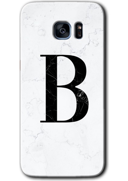 Galaxy S7 Edge Kılıf Hd Desen Baskılı Arka Kapak + Kırılmaz Cam - Beyaz Mermer Desenli B Harfi