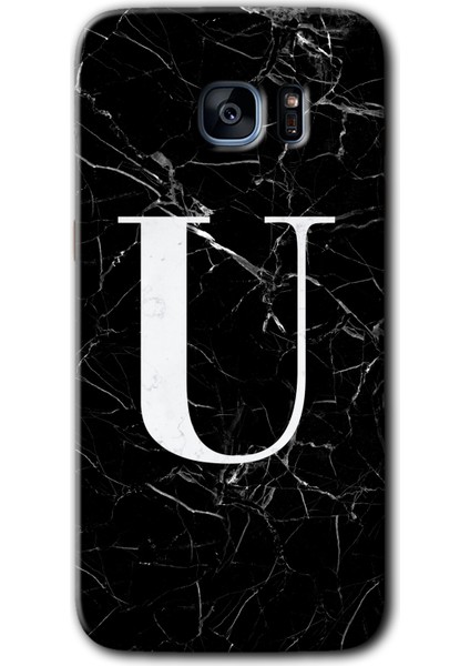 Galaxy S7 Edge Kılıf Hd Desen Baskılı Arka Kapak + Kırılmaz Cam - Siyah Mermer Desenli U Harfi