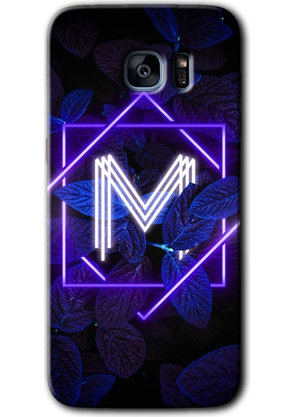 Galaxy S7 Edge Kılıf Hd Desen Baskılı Arka Kapak + Kırılmaz Cam - Dark Neon Yaprak M Harfi