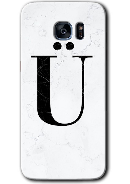 Galaxy S7 Edge Kılıf Hd Desen Baskılı Arka Kapak + Kırılmaz Cam - Beyaz Mermer Desenli Ü Harfi