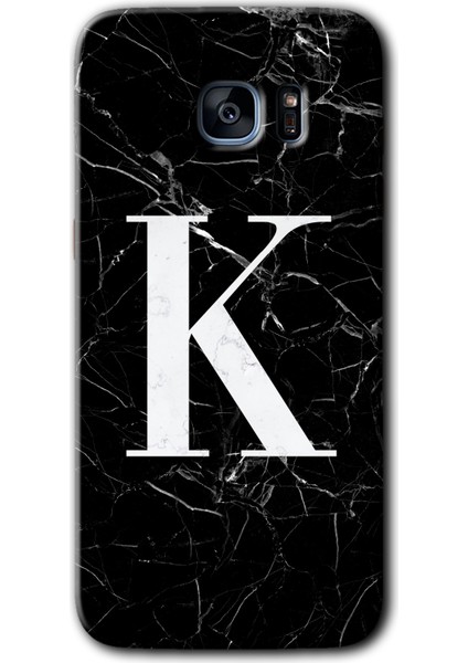 Galaxy S7 Edge Kılıf Hd Desen Baskılı Arka Kapak + Kırılmaz Cam - Siyah Mermer Desenli K Harfi