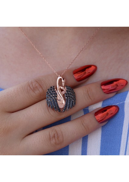Siyah Taşlı Aşık Kuğu Gümüş Kolye indirimleri