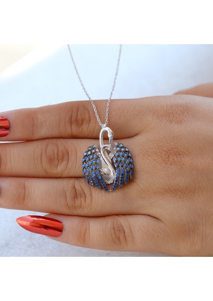 Opal Taşlı Aşık Kuğu Gümüş Kolye