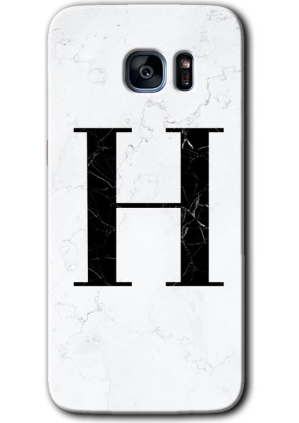 Galaxy S7 Edge Kılıf Hd Desen Baskılı Arka Kapak + Kırılmaz Cam - Beyaz Mermer Desenli H Harfi