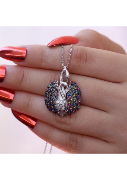Renkli Taşlı Aşık Kuğu Gümüş Kolye