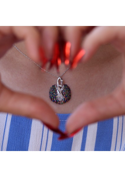 Renkli Taşlı Aşık Kuğu Gümüş Kolye fiyatları