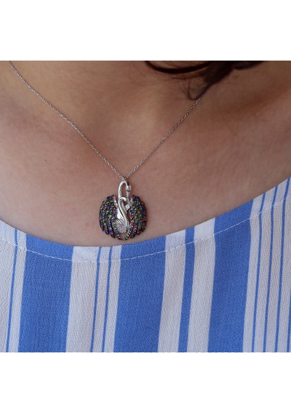 Renkli Taşlı Aşık Kuğu Gümüş Kolye modelleri