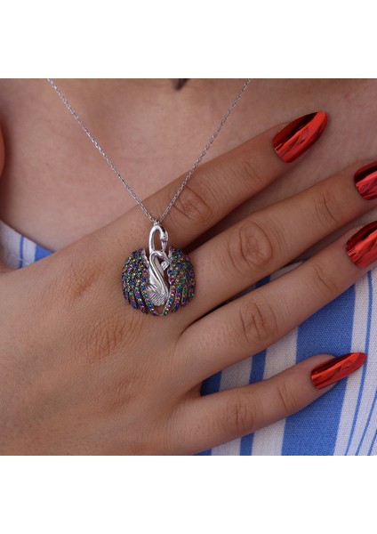 Renkli Taşlı Aşık Kuğu Gümüş Kolye fırsatları