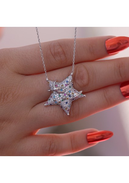 Renkli Taşlı Galaksinin Yıldızı Gümüş Kolye