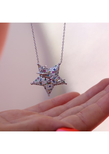 Renkli Taşlı Galaksinin Yıldızı Gümüş Kolye