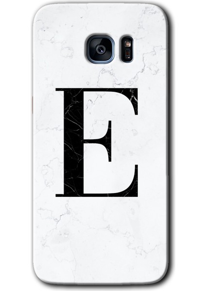 Galaxy S7 Edge Kılıf Hd Desen Baskılı Arka Kapak + Kırılmaz Cam - Beyaz Mermer Desenli E Harfi