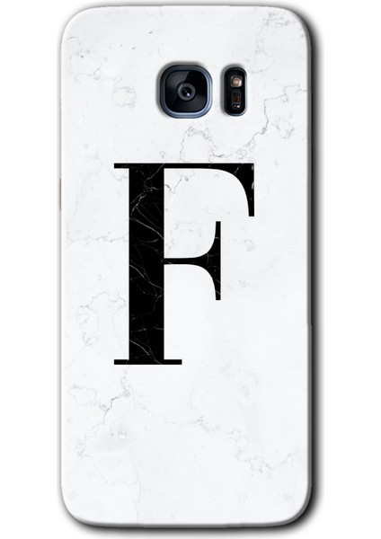 Galaxy S7 Edge Kılıf Hd Desen Baskılı Arka Kapak + Kırılmaz Cam - Beyaz Mermer Desenli F Harfi