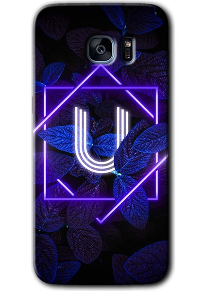 Galaxy S7 Edge Kılıf Hd Desen Baskılı Arka Kapak + Kırılmaz Cam - Dark Neon Yaprak U Harfi