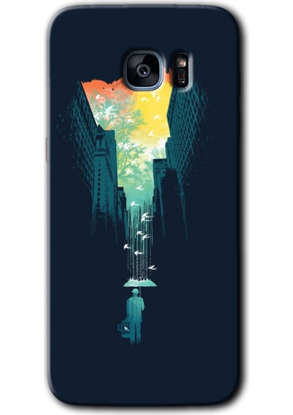 Galaxy S7 Edge Kılıf Hd Desen Baskılı Arka Kapak + Kırılmaz Cam - City Bird Sky
