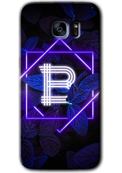 Galaxy S7 Edge Kılıf Hd Desen Baskılı Arka Kapak + Kırılmaz Cam - Dark Neon Yaprak B Harfi