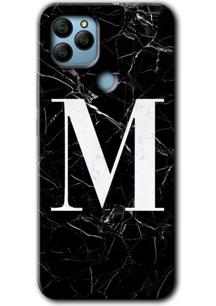 General Mobile Gm 21 Kılıf Hd Desen Baskılı Arka Kapak + Esnek Nano Cam - Siyah Mermer Desenli M Harfi