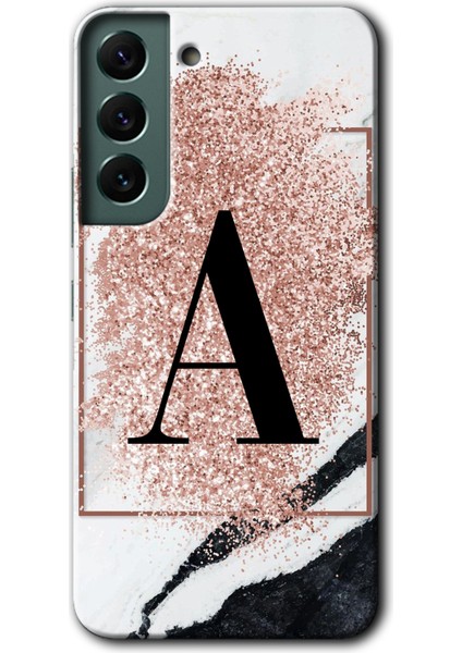 Galaxy S22 Plus Kılıf Hd Desen Baskılı Arka Kapak + Esnek Nano Cam - Pembe Mermer Desenli A Harfi