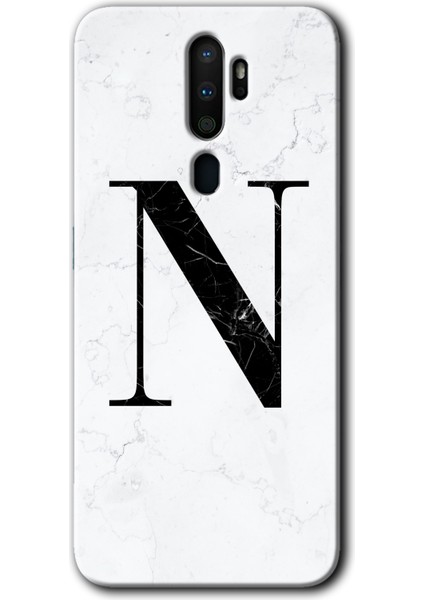 Oppo A9 2020 Kılıf Hd Desen Baskılı Arka Kapak + Esnek Nano Cam - Beyaz Mermer Desenli N Harfi