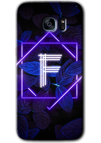 Galaxy S7 Edge Kılıf Hd Desen Baskılı Arka Kapak + Kırılmaz Cam - Dark Neon Yaprak F Harfi