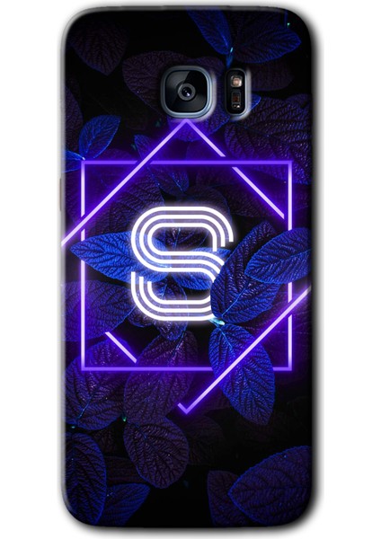 Galaxy S7 Edge Kılıf Hd Desen Baskılı Arka Kapak + Kırılmaz Cam - Dark Neon Yaprak S Harfi
