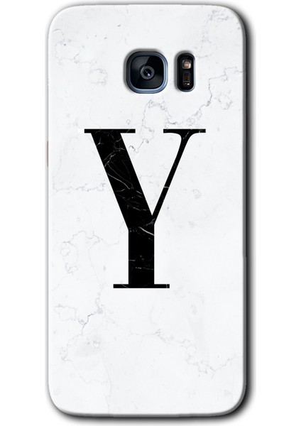 Galaxy S7 Edge Kılıf Hd Desen Baskılı Arka Kapak + Esnek Nano Cam - Beyaz Mermer Desenli Y Harfi