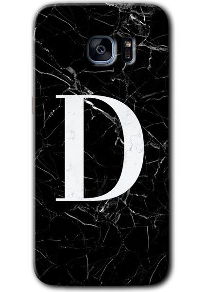 Galaxy S7 Edge Kılıf Hd Desen Baskılı Arka Kapak + Kırılmaz Cam - Siyah Mermer Desenli D Harfi