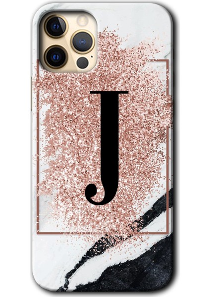 Apple iPhone 11 Pro Kılıf Hd Desen Baskılı Arka Kapak + Esnek Nano Cam - Pembe Mermer Desenli J Harfi