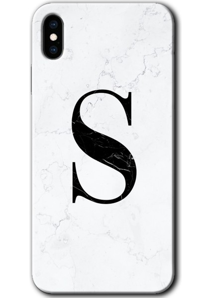 Apple iPhone Xs Max Kılıf Hd Desen Baskılı Arka Kapak + Kırılmaz Cam - Beyaz Mermer Desenli S Harfi