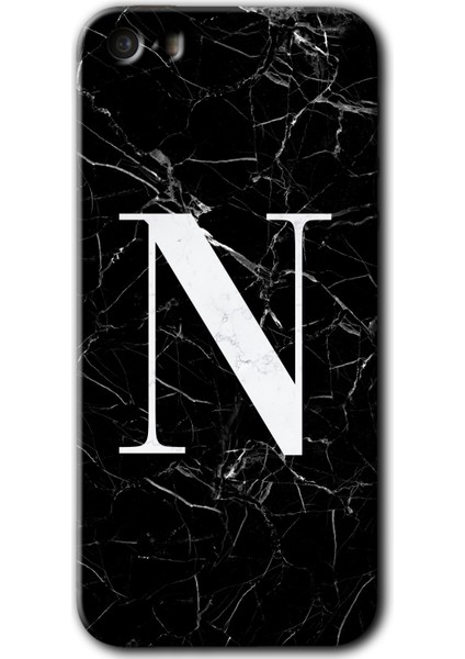 iPhone 5s Kılıf Hd Desen Baskılı Arka Kapak + Esnek Nano Cam - Siyah Mermer Desenli N Harfi