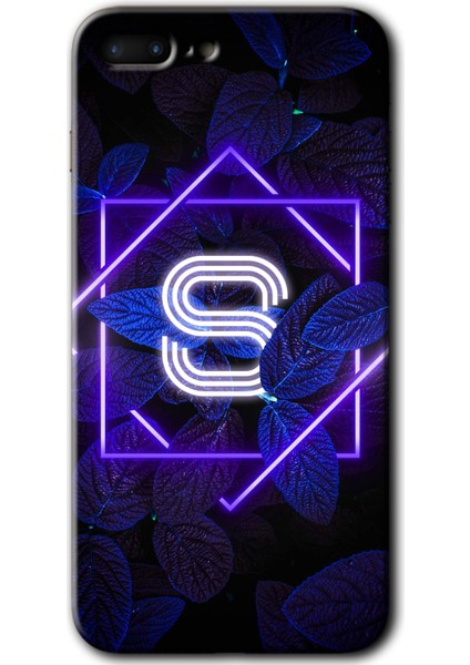 iPhone 8 Plus Kılıf Hd Desen Baskılı Arka Kapak + Esnek Nano Cam - Dark Neon Yaprak S Harfi
