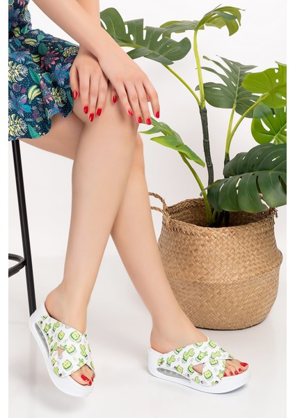 Beyaz Kaktüs Desenli Açık Çapraz Model Airmax Taban Ortopedik Terlik