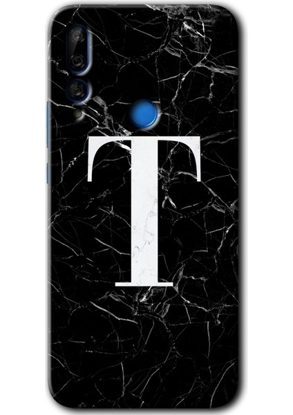 Huawei P Smart Z Kılıf Hd Desen Baskılı Arka Kapak + Esnek Nano Cam - Siyah Mermer Desenli T Harfi