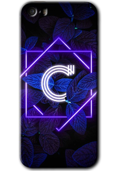 iPhone 5s Kılıf Hd Desen Baskılı Arka Kapak + Esnek Nano Cam - Dark Neon Yaprak C Harfi