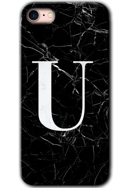 iPhone 8 Kılıf Hd Desen Baskılı Arka Kapak + Kırılmaz Cam - Siyah Mermer Desenli U Harfi