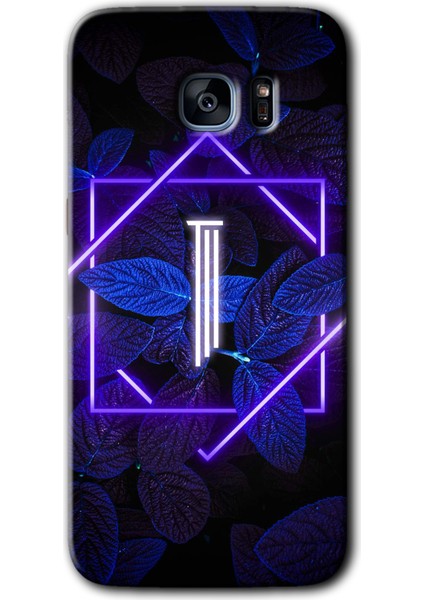 Galaxy S7 Edge Kılıf Hd Desen Baskılı Arka Kapak + Kırılmaz Cam - Dark Neon Yaprak I Harfi