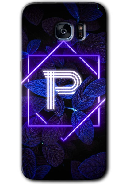 Galaxy S7 Edge Kılıf Hd Desen Baskılı Arka Kapak + Kırılmaz Cam - Dark Neon Yaprak P Harfi