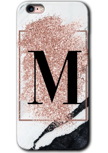 Apple iPhone 6s Plus Kılıf Hd Desen Baskılı Arka Kapak + Kırılmaz Cam - Pembe Mermer Desenli M Harfi