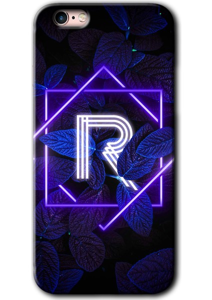 iPhone 6s Plus Kılıf Hd Desen Baskılı Arka Kapak + Kırılmaz Cam - Dark Neon Yaprak R Harfi