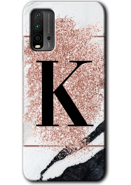 Poco M3 Kılıf Hd Desen Baskılı Arka Kapak + Kırılmaz Cam - Pembe Mermer Desenli K Harfi