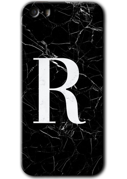 Apple iPhone 5s Kılıf Hd Desen Baskılı Arka Kapak + Kırılmaz Cam - Siyah Mermer Desenli R Harfi